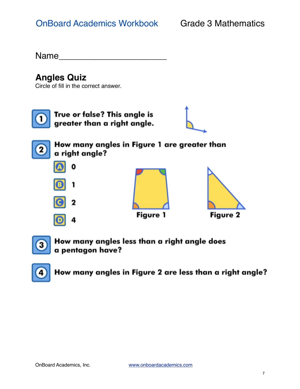 Angles quiz includes four questions comparing angles to right angles and counting angle types in polygons