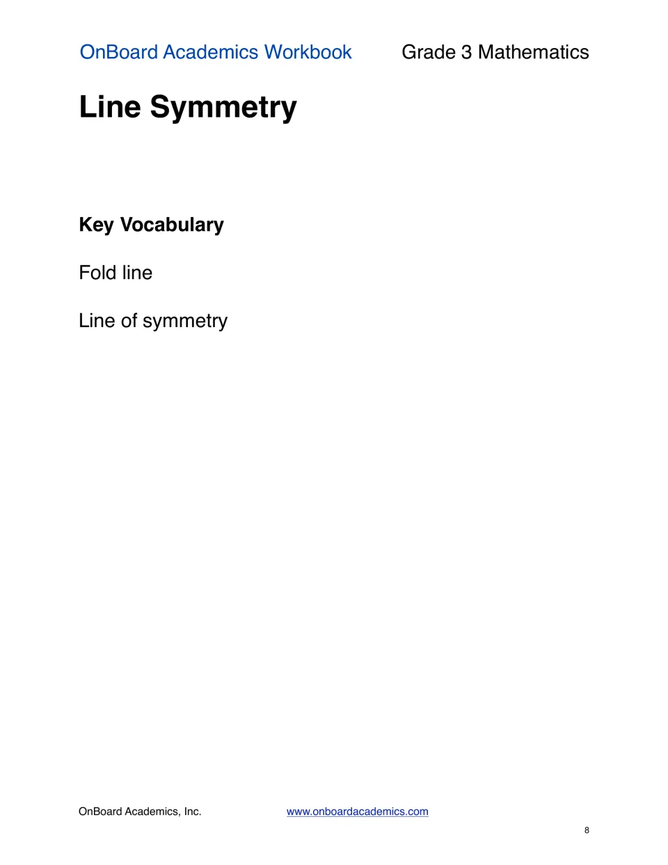Line Symmetry section introduction presents fold line and line of symmetry as the next key vocabulary terms