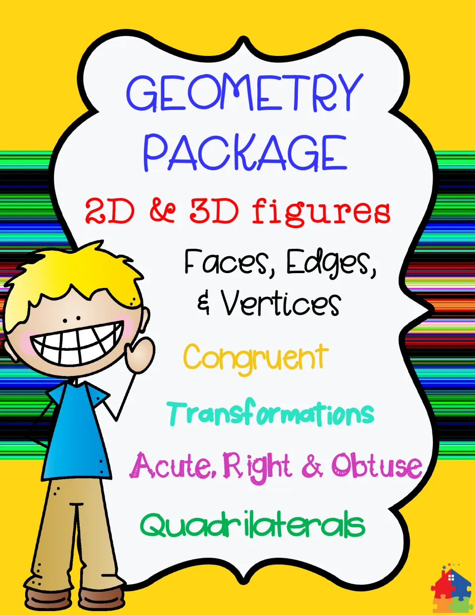 Geometry Package cover listing 2D and 3D figures, faces, edges and vertices, congruent, transformations and quadrilaterals