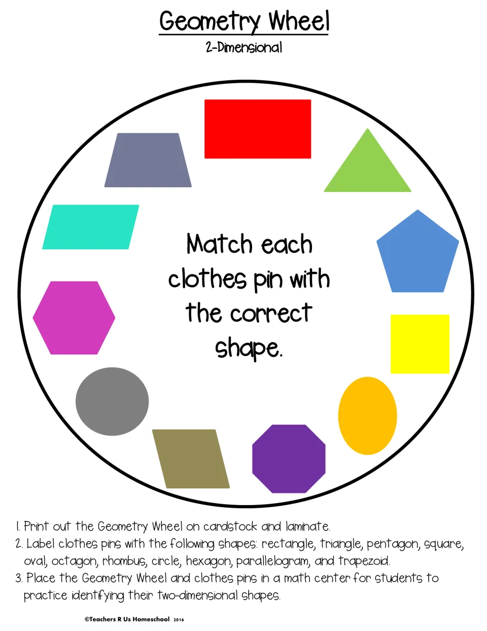 2D shape identification: students clip labeled clothes pins onto 11 colored shapes on a Geometry Wheel, such as a hexagon
