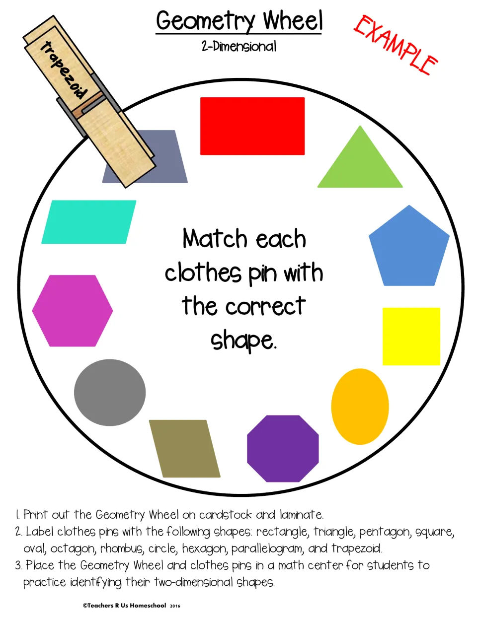 Geometry Wheel example: a clothes pin labeled trapezoid clipped onto the trapezoid to model how to match pins to 2D shapes