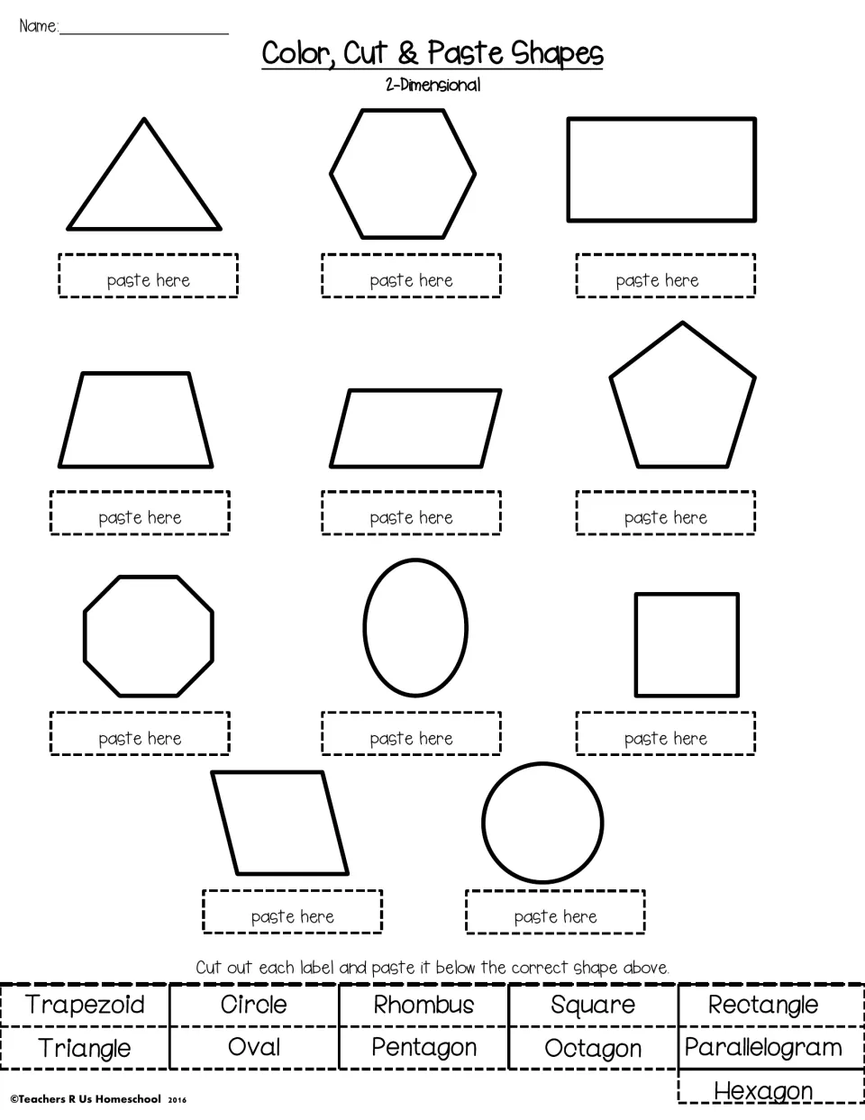 Naming 2D shapes: students color 11 shapes, then cut out labels like rhombus and octagon and paste each under its shape