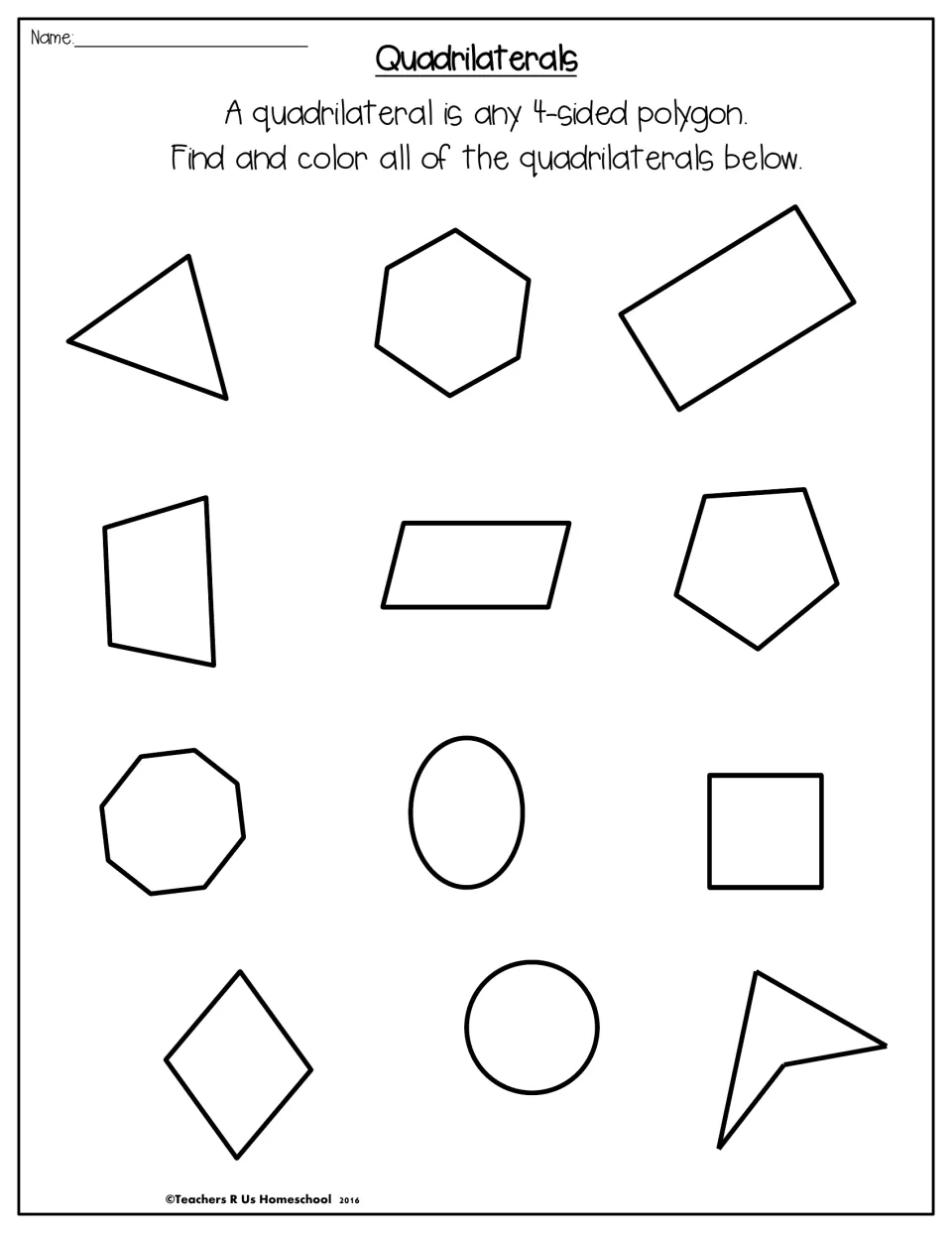 Quadrilaterals: using the definition of a 4-sided polygon, students find and color the quadrilaterals among 12 mixed figures