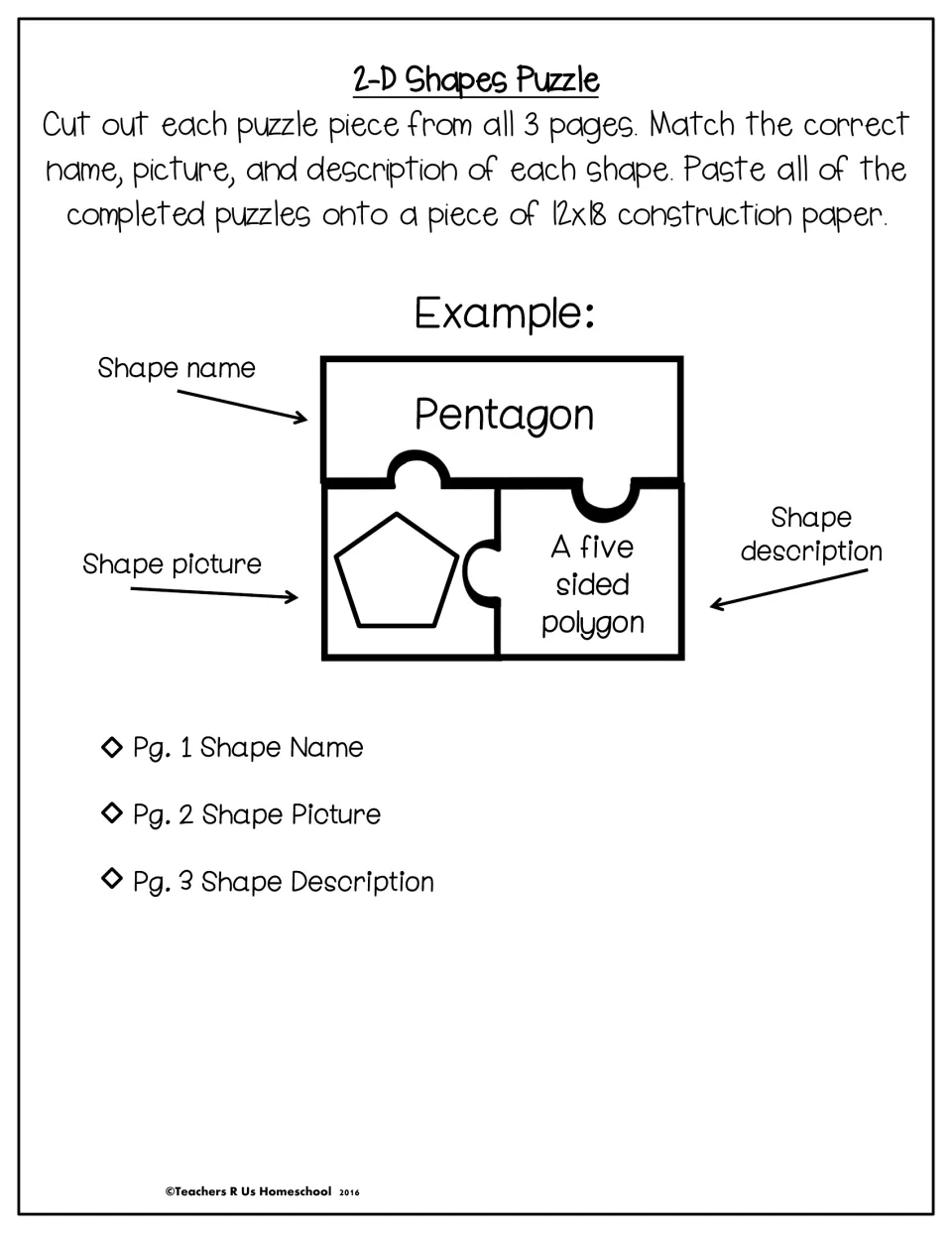 2-D Shapes Puzzle directions: students match each shape's name, picture and description, shown with a pentagon example