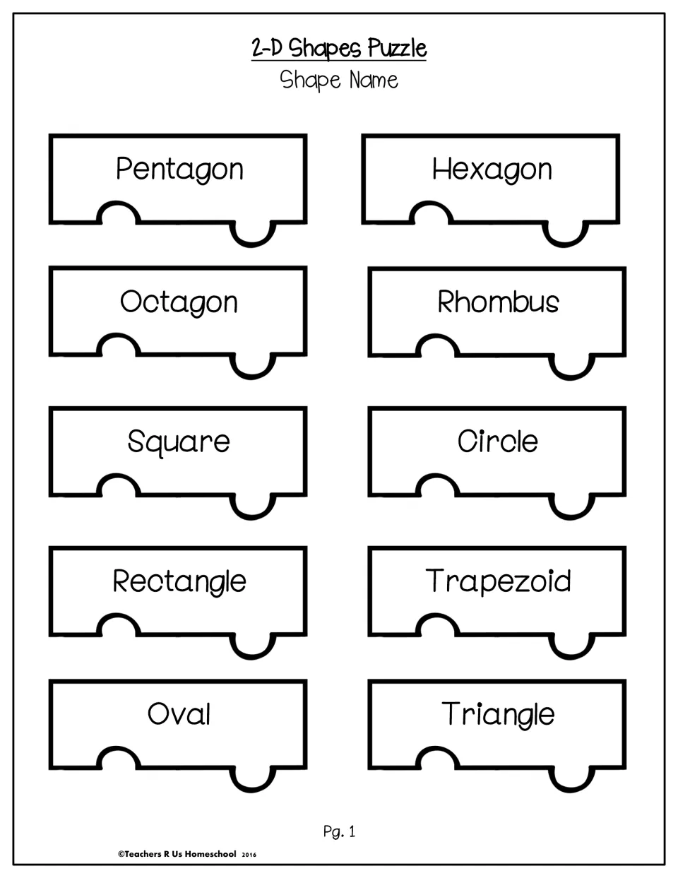 2-D Shapes Puzzle cut-out pieces with shape names: pentagon, hexagon, octagon, rhombus, square, circle, trapezoid and more