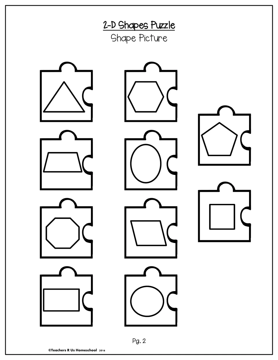 2-D Shapes Puzzle cut-out pieces showing pictures of 10 shapes, including a triangle, trapezoid, octagon, oval and square
