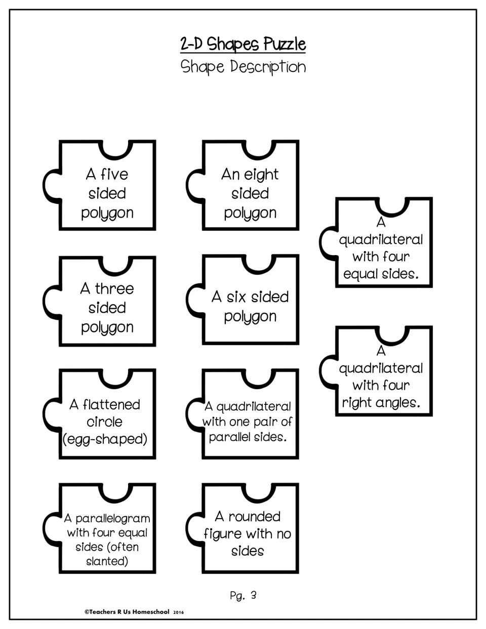 2-D Shapes Puzzle cut-out pieces with shape descriptions, such as 'A quadrilateral with one pair of parallel sides'