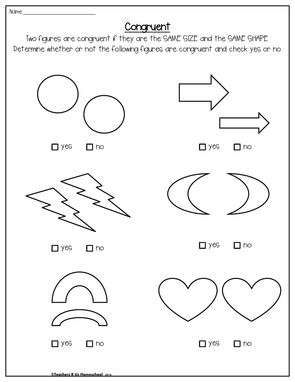 Congruent figures: students check yes or no for 6 shape pairs such as circles, arrows and hearts, judging size and shape