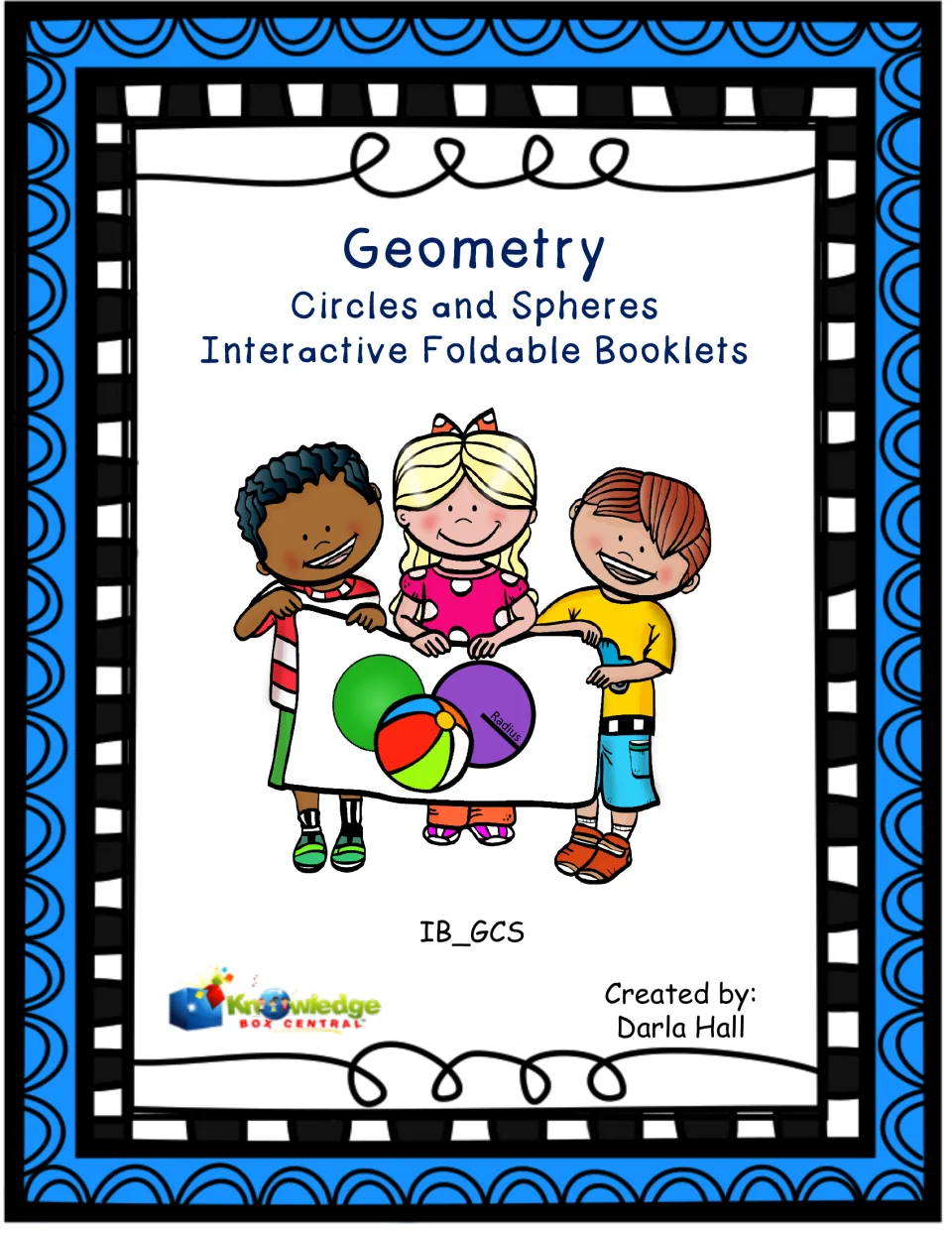 Geometry: Circles and Spheres foldable booklets cover with three kids holding a banner of circles and a beach ball