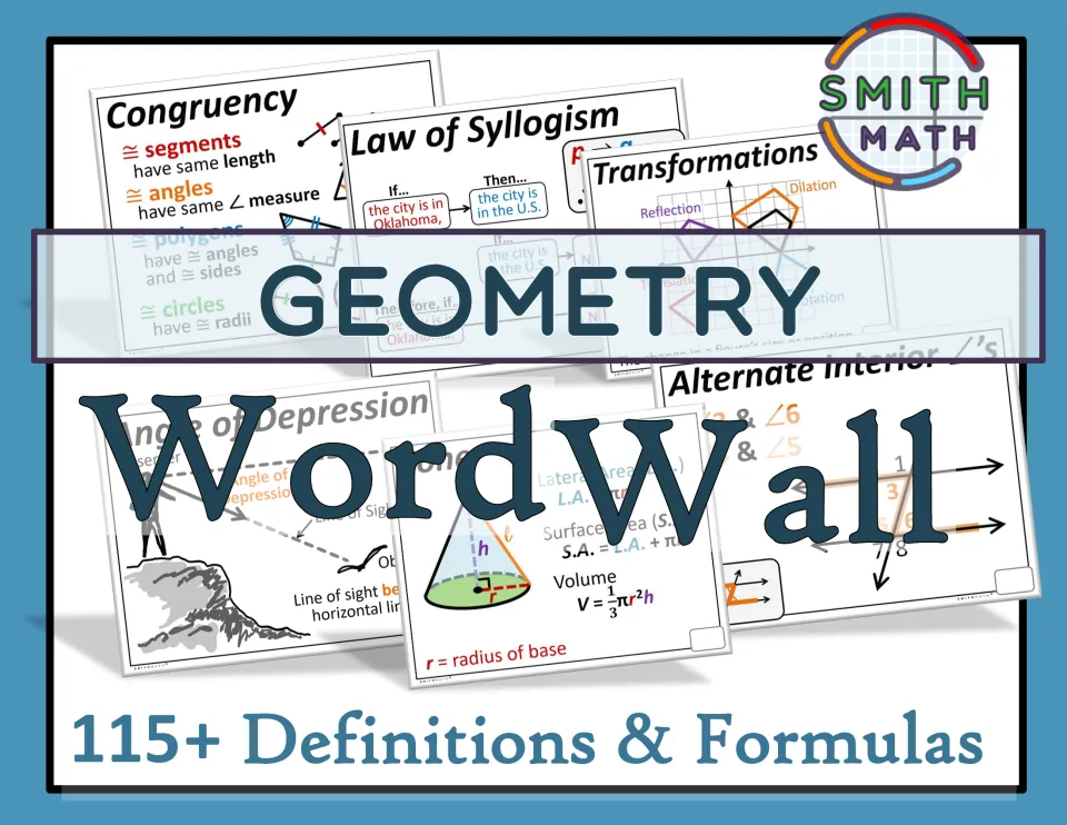 Geometry Definitions + Formulas Word Wall cover advertising 115+ definitions and formulas with sample sheets