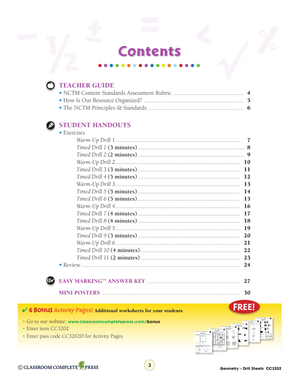Contents: teacher guide, 6 warm-up and 11 timed drills with minute times, review, answer key and mini posters