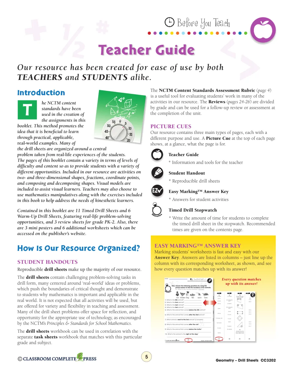 Teacher guide intro: 11 timed drills, 6 warm-up drills, 3 review sheets and the picture cues for each page type