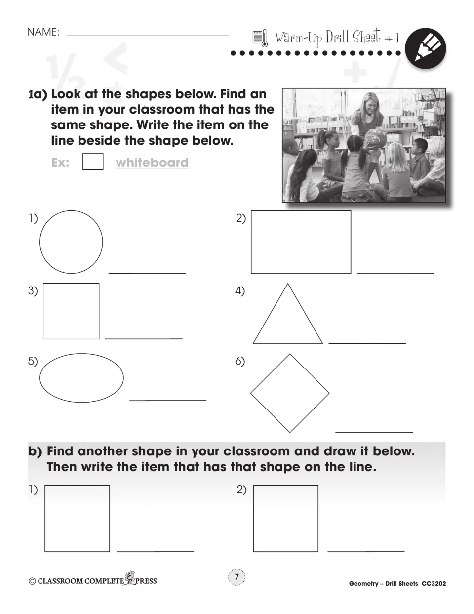 Warm-Up Drill 1: name a classroom item matching each of 6 shapes, like a circle and triangle, then draw 2 more