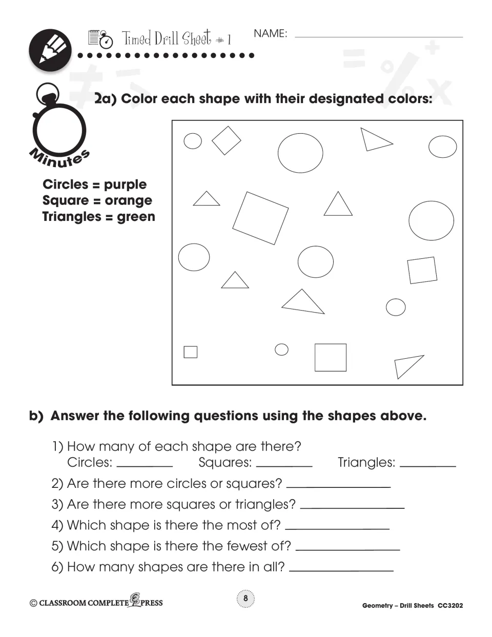 Timed Drill 1: color circles purple, squares orange and triangles green, then count and compare the shapes