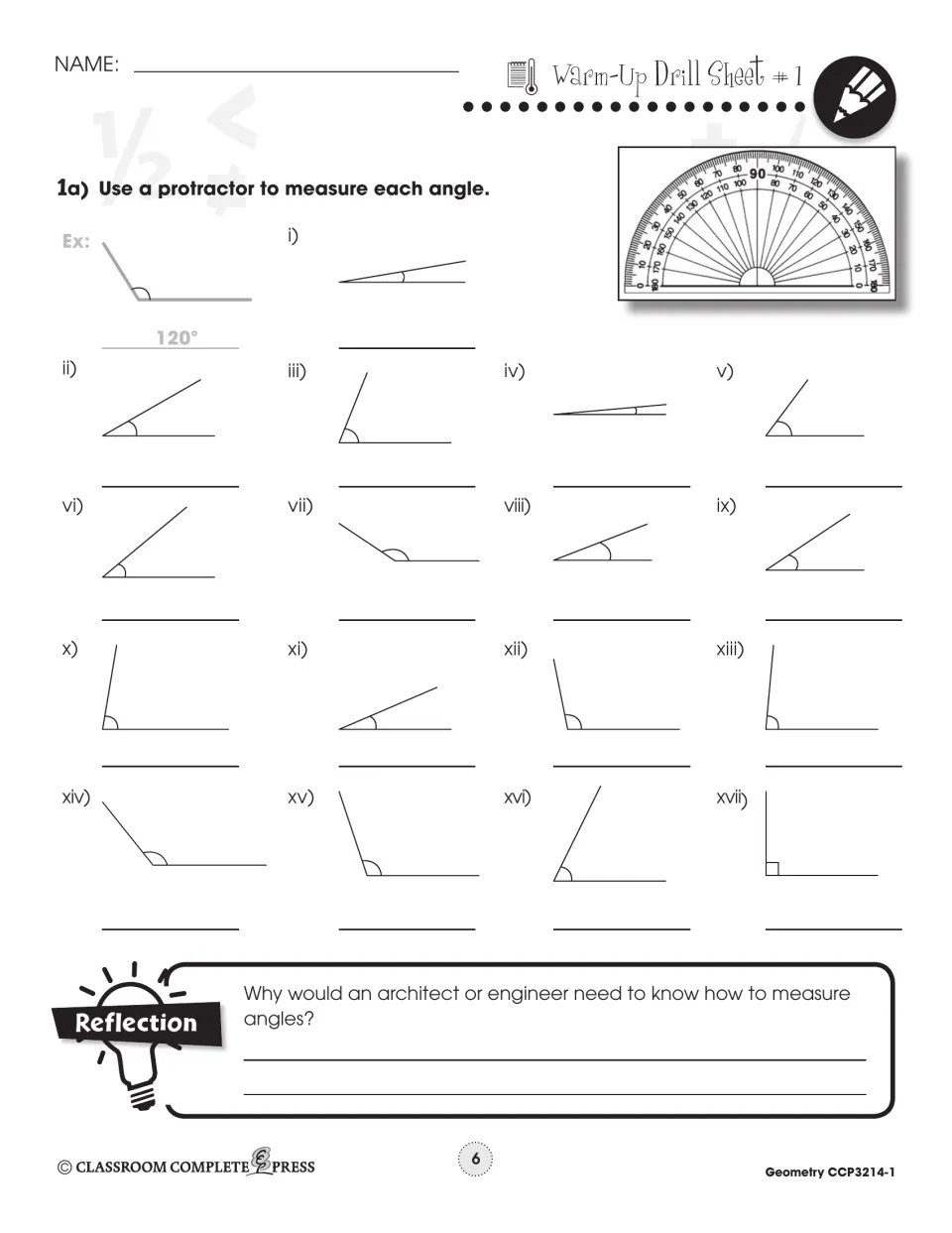 Warm-Up Drill Sheet 1: measure 17 angles with a protractor, plus a reflection on why architects measure angles