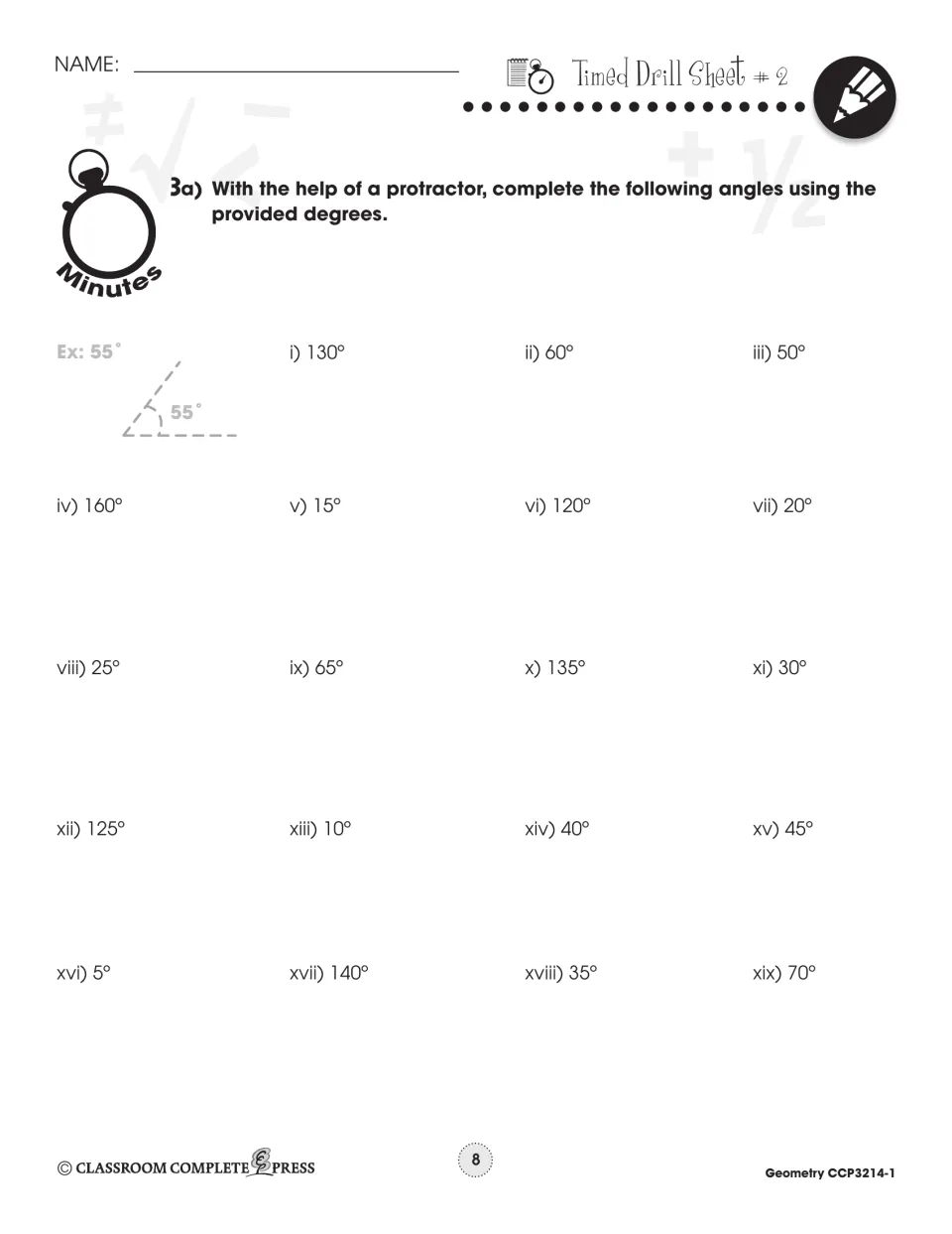 Timed Drill Sheet 2: draw 19 angles with a protractor from given measures, such as 130°, 60°, 15° and 160°