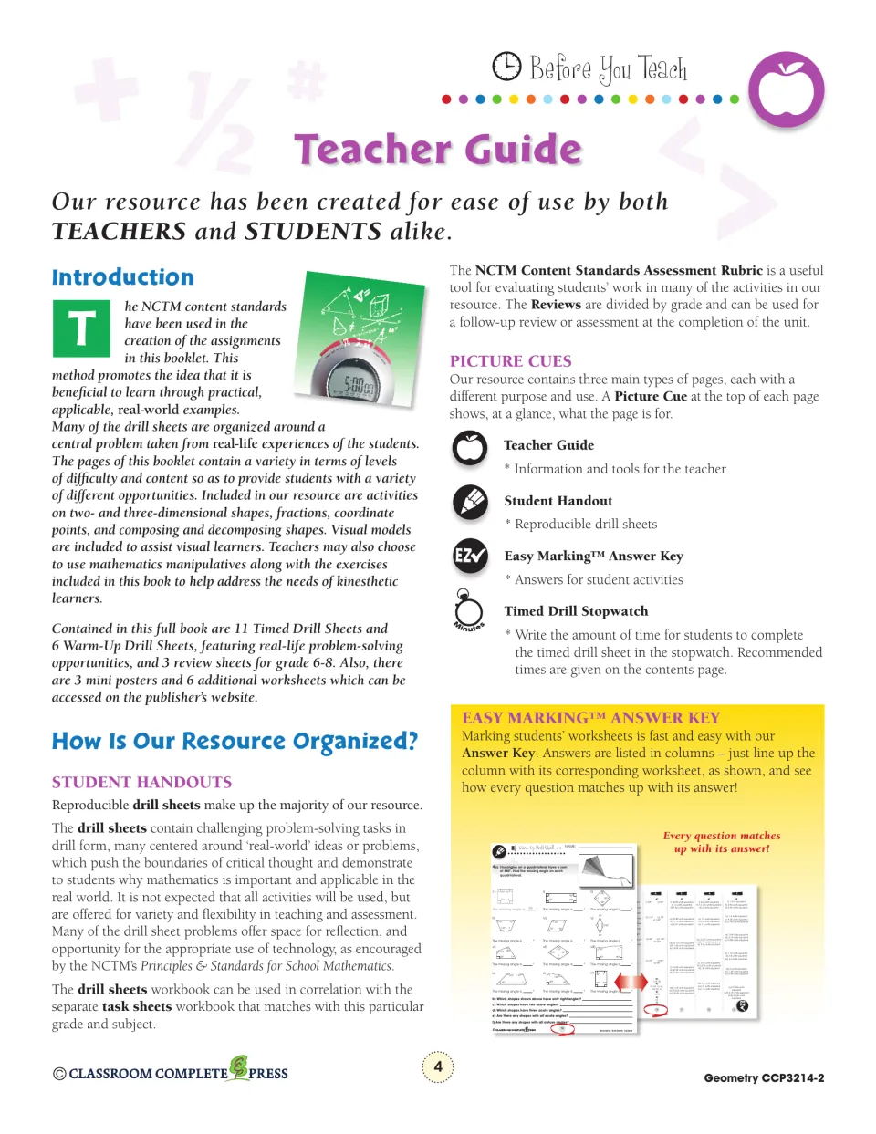 Teacher Guide explains geometry drill organization, review sheets, picture cues, and the answer key