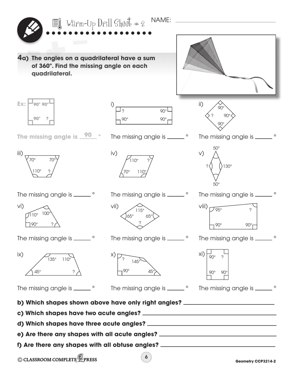 Warm-Up Drill Sheet 2 asks students to find 11 missing quadrilateral angles and identify angle types