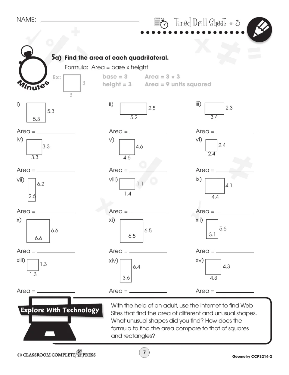 Timed Drill Sheet 3 gives 15 square and rectangle area problems with decimal lengths and base × height