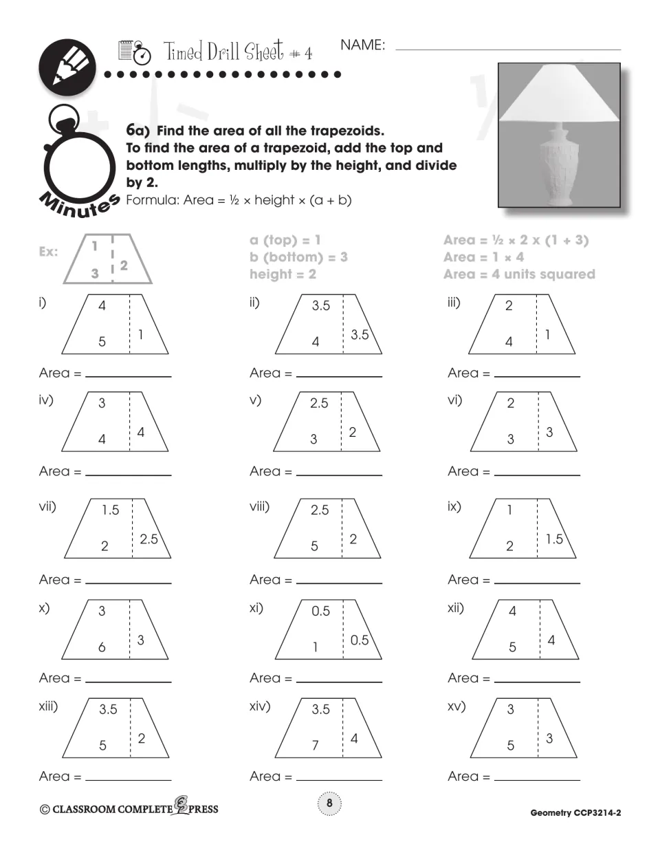 Timed Drill Sheet 4 gives 15 trapezoid area problems using labeled bases, heights, and a worked example
