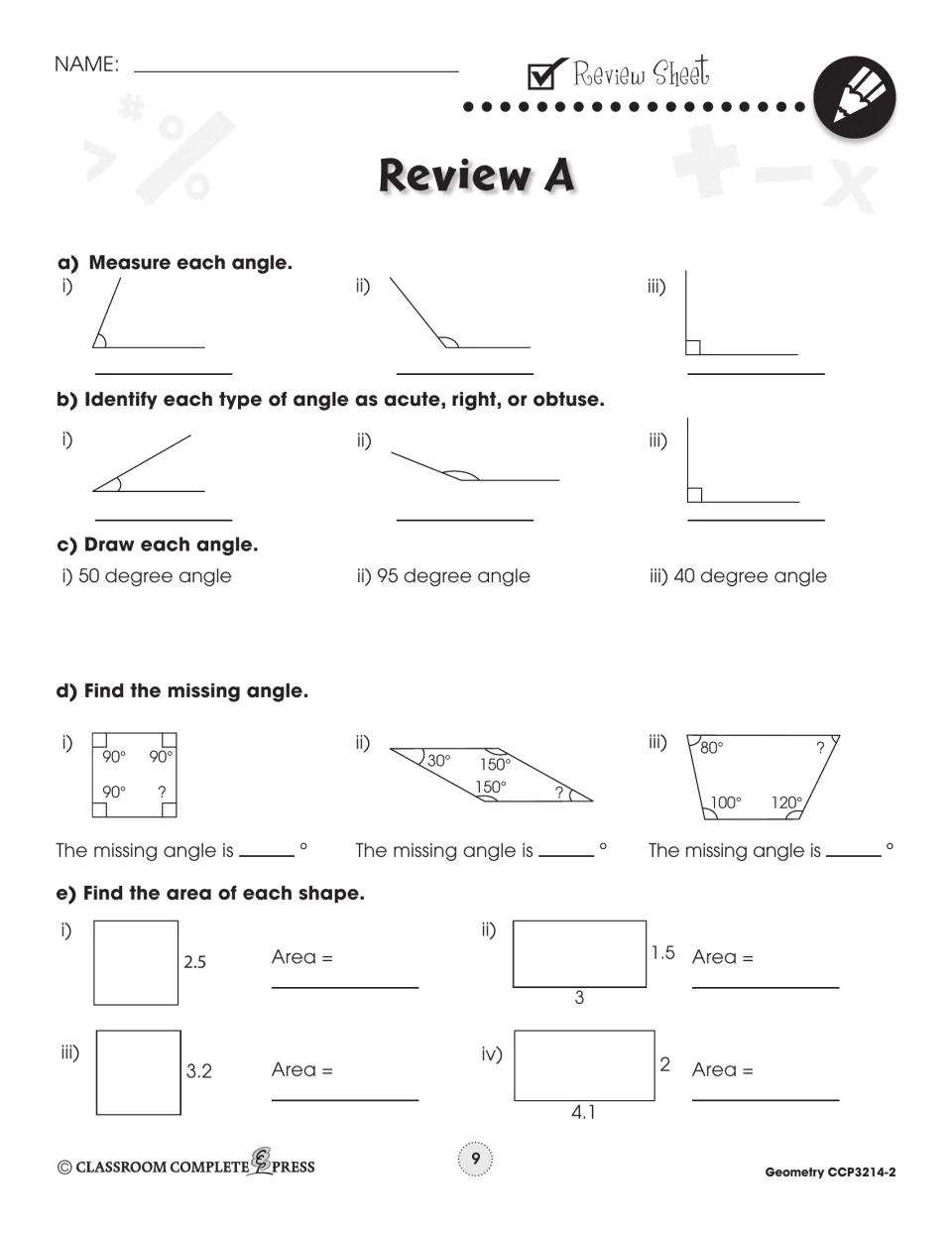 Review A covers measuring, naming, and drawing angles, missing quadrilateral angles, and rectangle areas