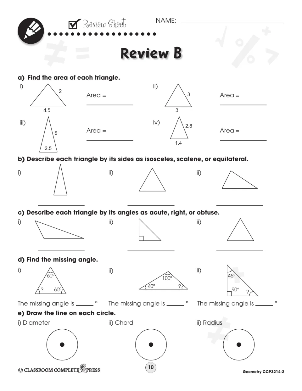 Review B covers triangle areas, side and angle types, missing angles, and circle diameter, chord, and radius