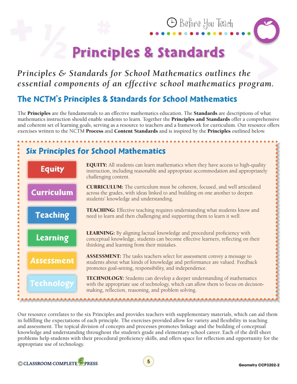 Principles & Standards: NCTM's six principles, Equity, Curriculum, Teaching, Learning, Assessment and Technology