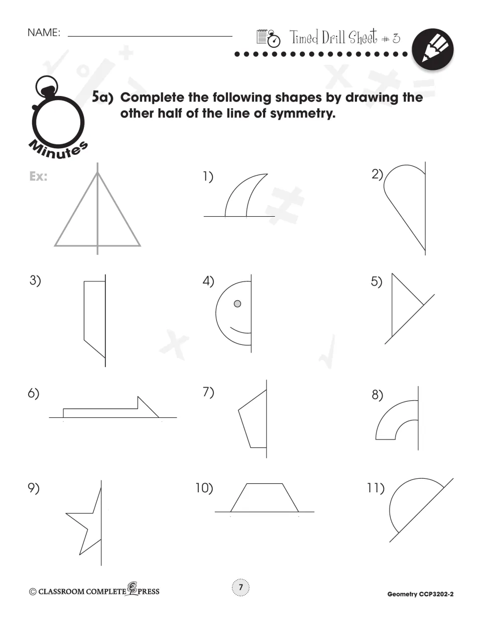 Timed Drill Sheet #3: complete 11 half shapes, such as a heart, a smiley face and a star, by drawing the other half
