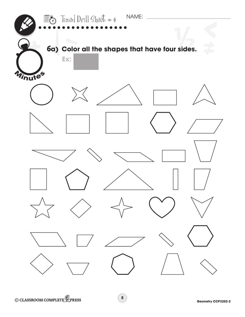Timed Drill Sheet #4: color every four-sided shape in a set of 35, including rectangles, trapezoids and rhombuses