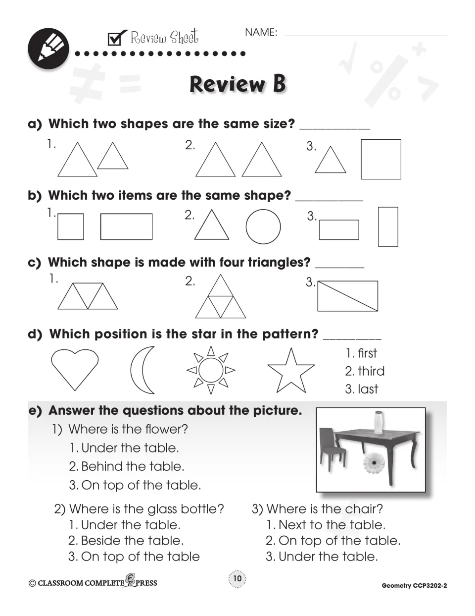 Review B: same size and same shape, four-triangle shapes, a star's position, and where things are around a table