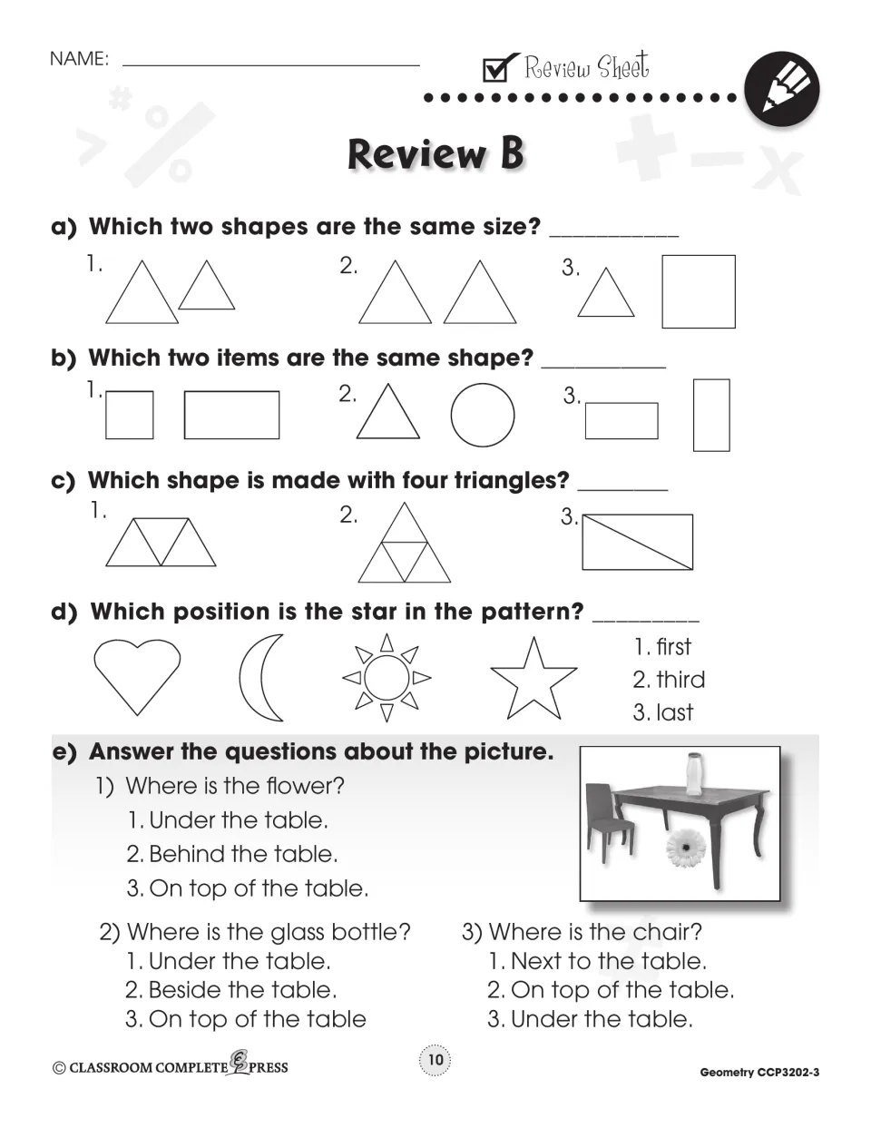 Review B: compare size and shape, find a shape made of four triangles, star position, objects around a table