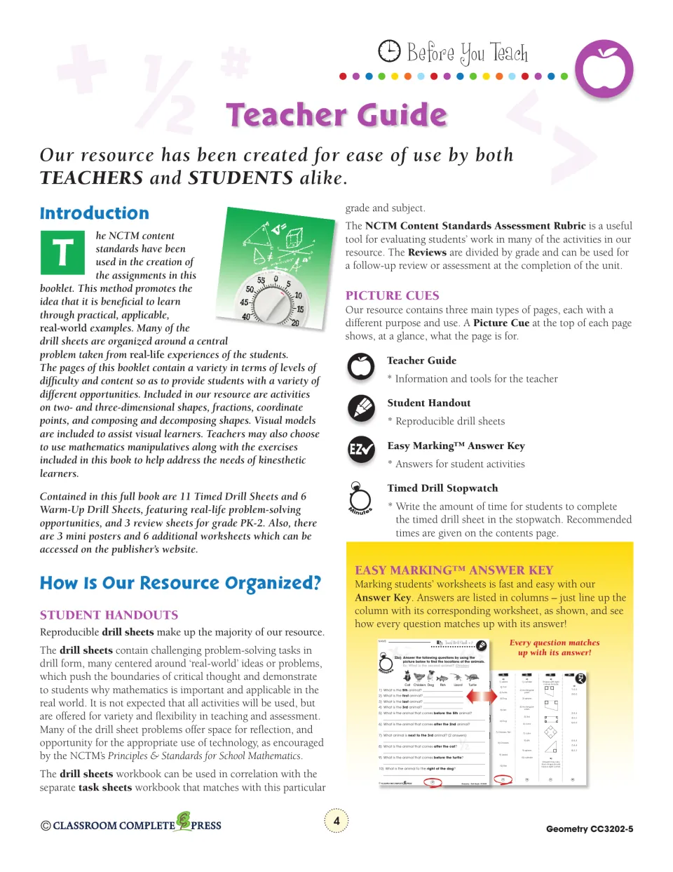 Teacher guide explains geometry drill sheets, review assessments, picture cues, and the Easy Marking answer key