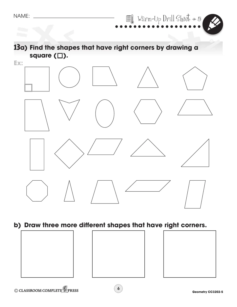 Warm-Up Drill Sheet 5 asks students to mark right corners on shapes and draw three more shapes with right corners