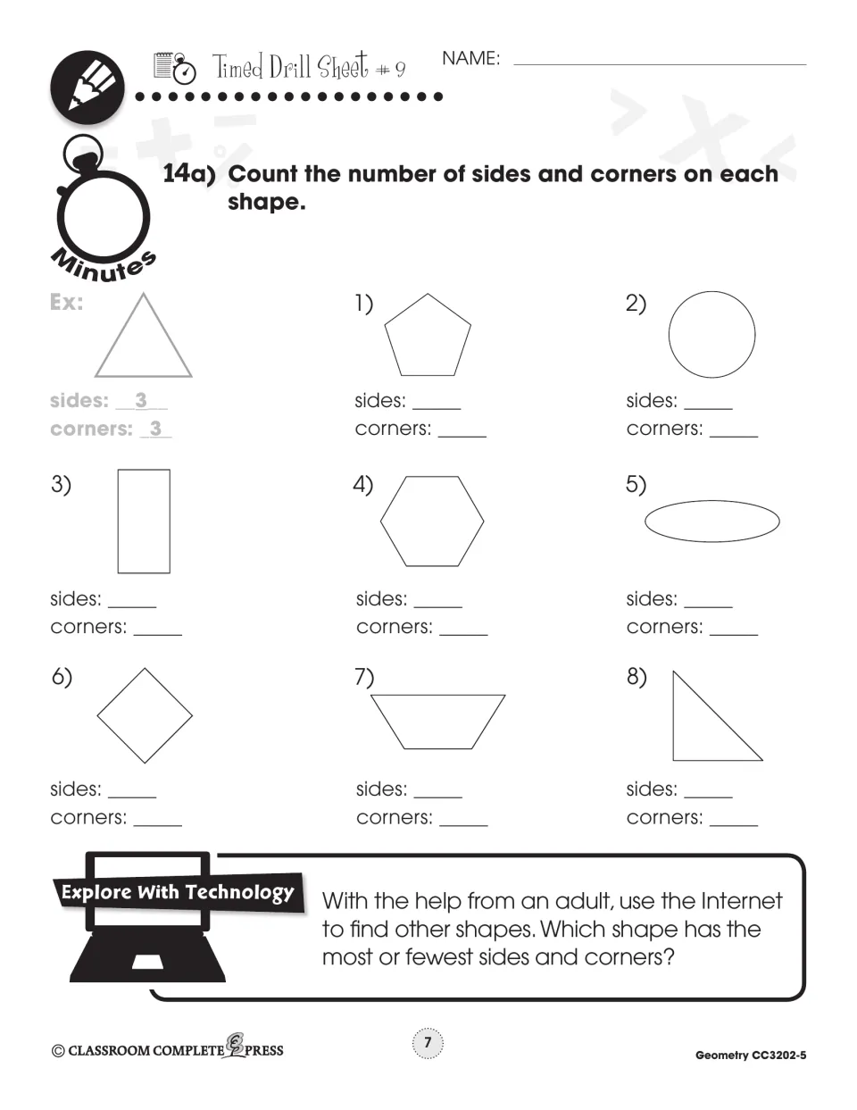 Timed Drill Sheet 9 asks students to count sides and corners on eight shapes, including a pentagon and an oval