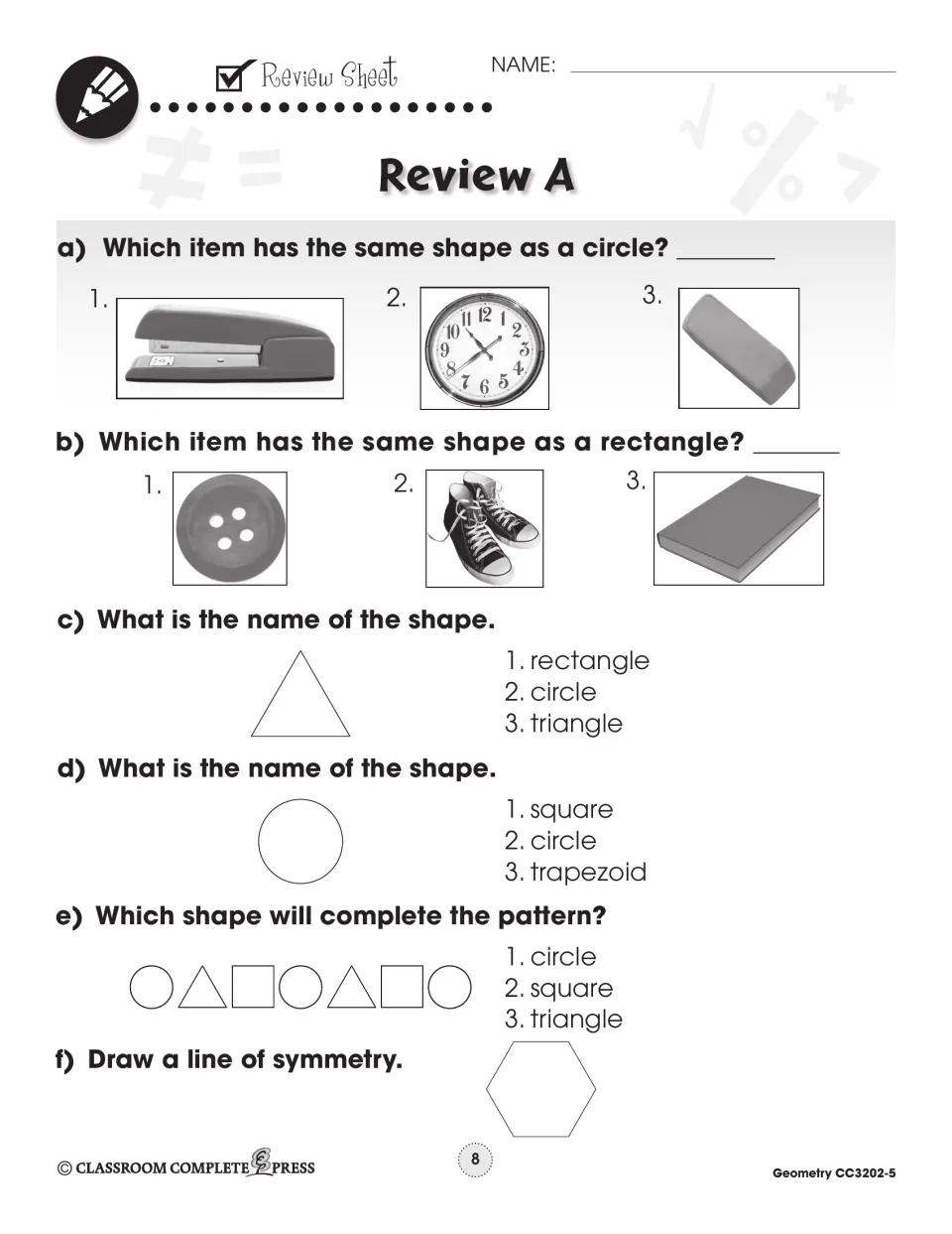 Review A checks shape names, matches a clock and book to shapes, and asks about a pattern and a line of symmetry
