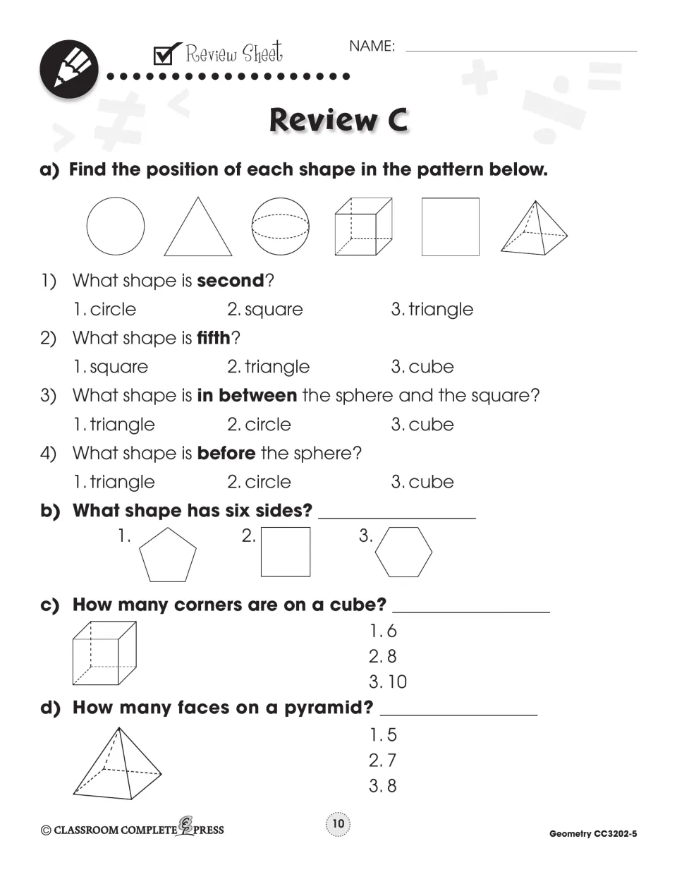 Review C asks about shape positions, a six-sided shape, the corners of a cube, and faces of a square pyramid