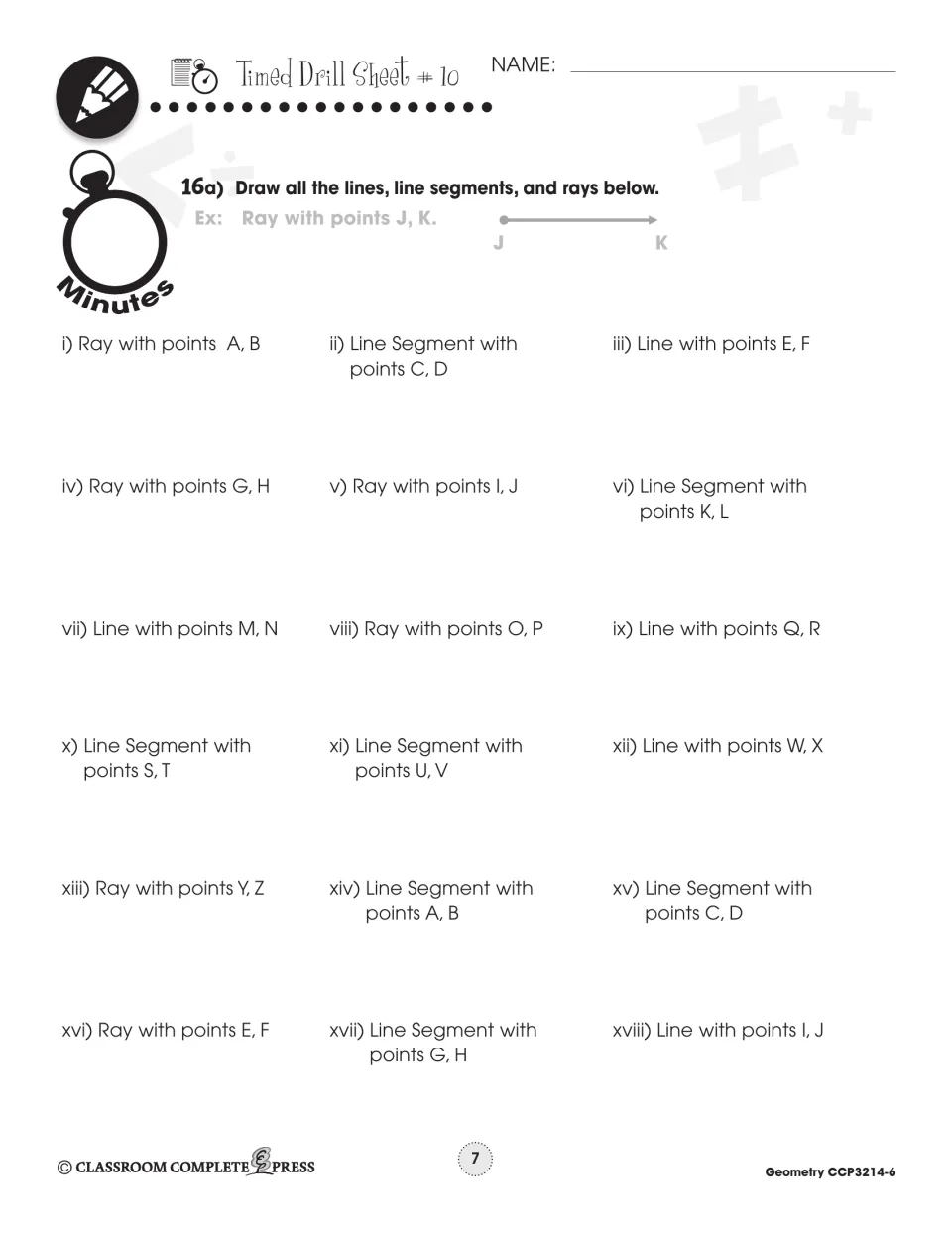 Timed Drill Sheet 10: draw 18 lines, line segments and rays, such as ray A, B and line segment C, D