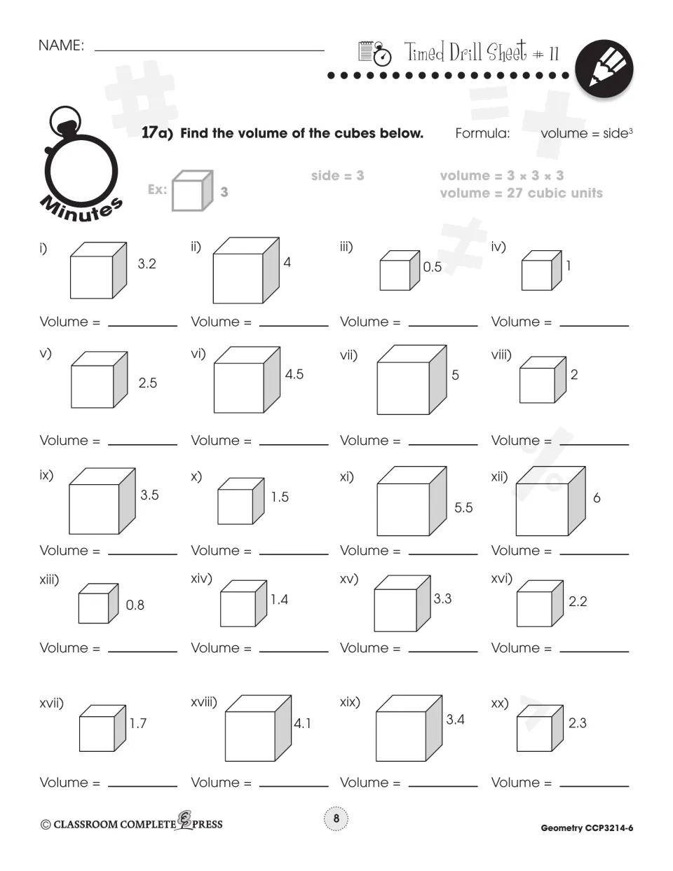 Timed Drill Sheet 11: find the volume of 20 cubes using volume = side³, with sides from 0.5 to 6