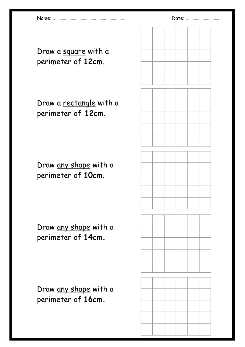 Drawing shapes to a given perimeter: students draw a square and rectangle of 12cm and any shapes of 10cm, 14cm and 16cm