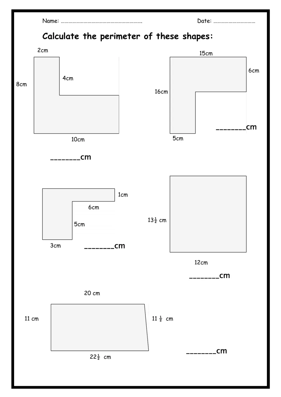 Perimeter from labeled side lengths: students add the sides of L-shapes, a rectangle and a trapezoid