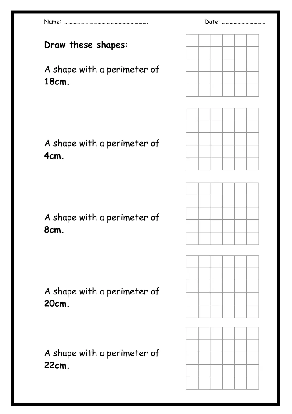 Draw these shapes: students sketch shapes with perimeters of 18cm, 4cm, 8cm, 20cm and 22cm