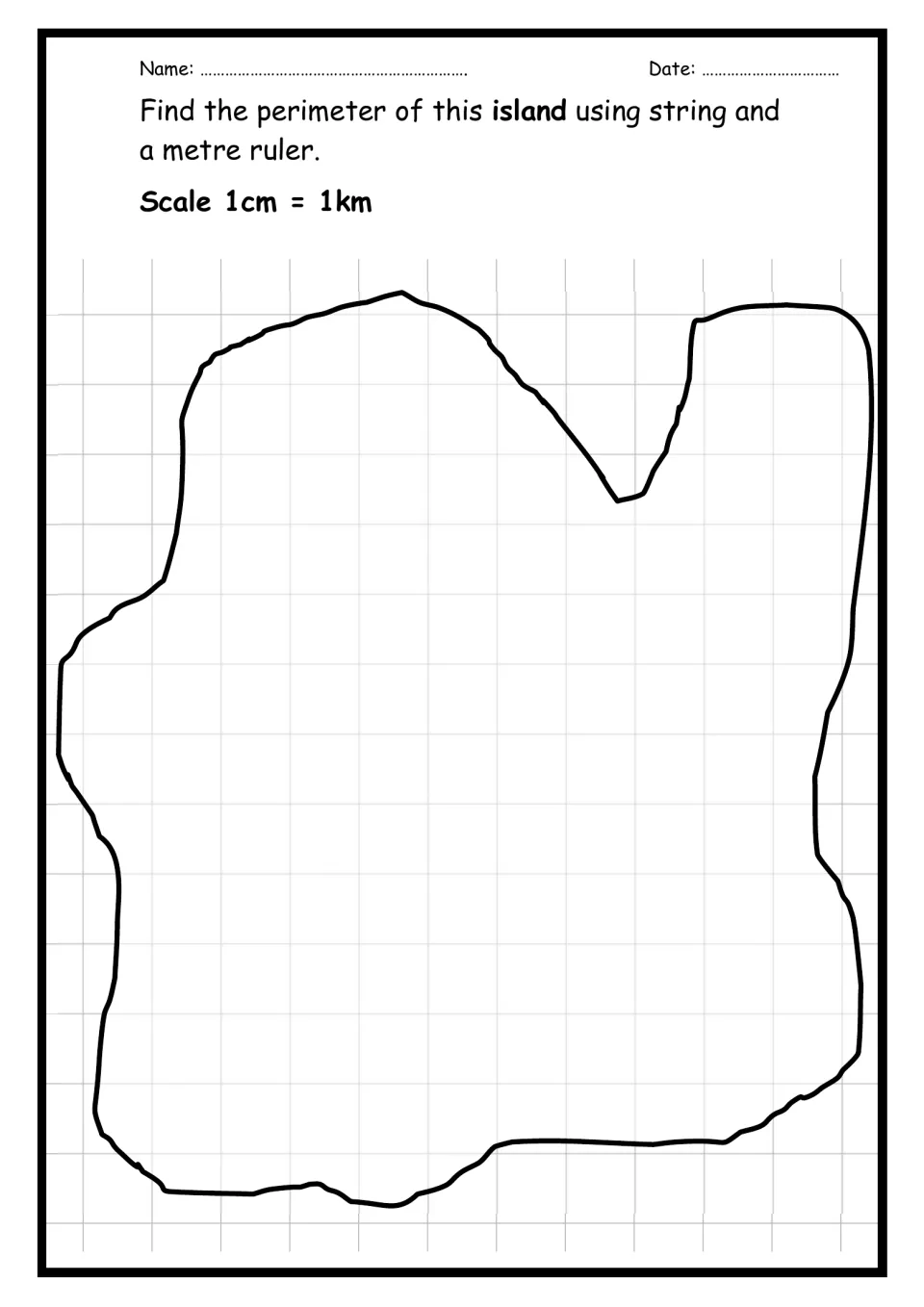 Island perimeter with a scale: students measure an irregular island outline using string and a metre ruler, at 1cm = 1km