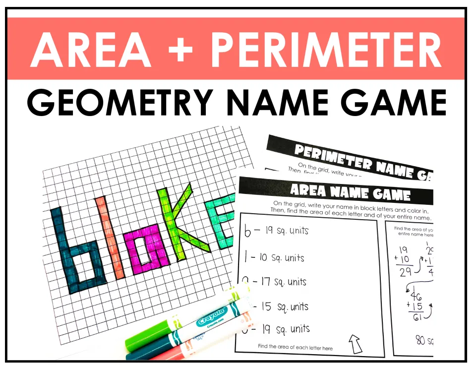 Geometry Name Game cover showing a colored block-letter name and examples of area and perimeter templates
