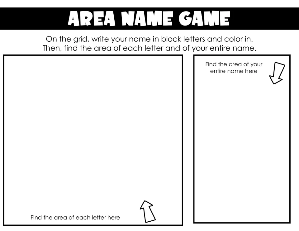 Area Name Game template asks students to find the area of each letter and their entire colored block-letter name