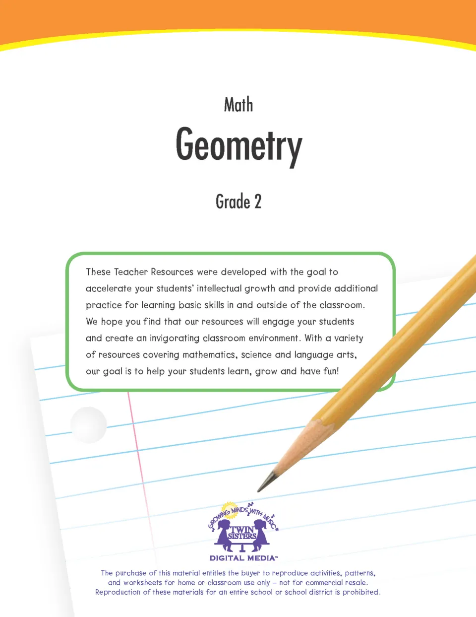 Cover of the Math Geometry Grade 2 teacher resource from Twin Sisters Digital Media, with a note on classroom reproduction