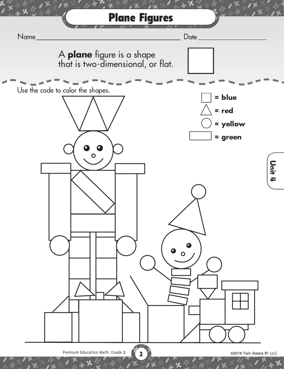 Plane Figures: students color a toy soldier, clown and train built from squares, triangles, circles and rectangles by code