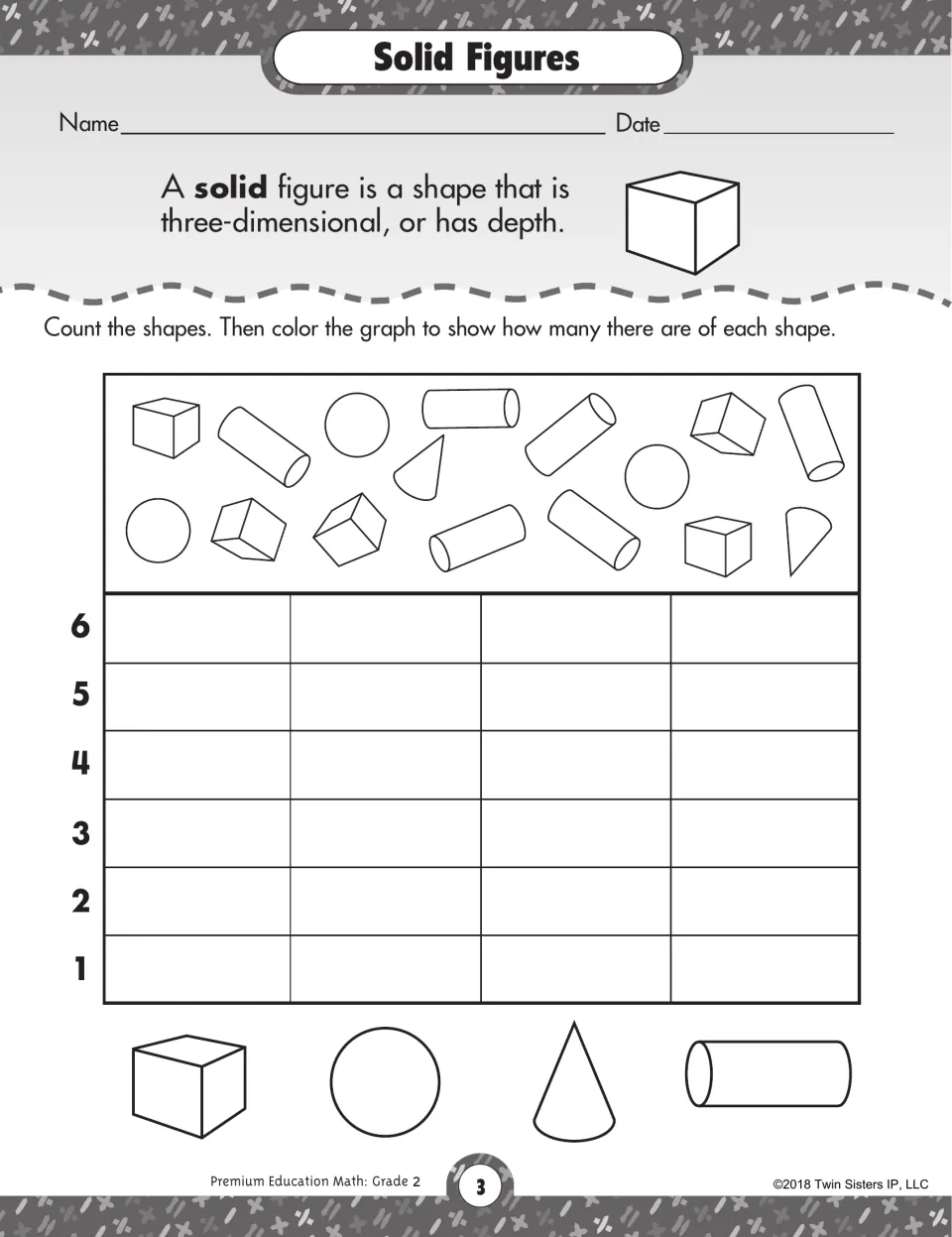 Solid Figures: students count cubes, spheres, cones and cylinders in a mixed set, then color a bar graph of each count