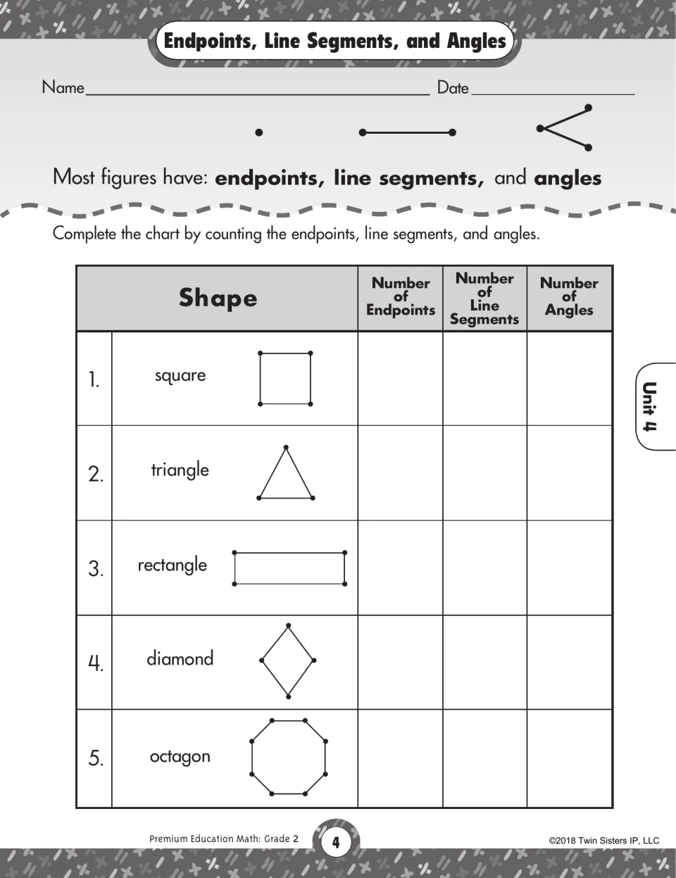 Endpoints, line segments and angles: students count each for a square, triangle, rectangle, diamond and octagon in a chart