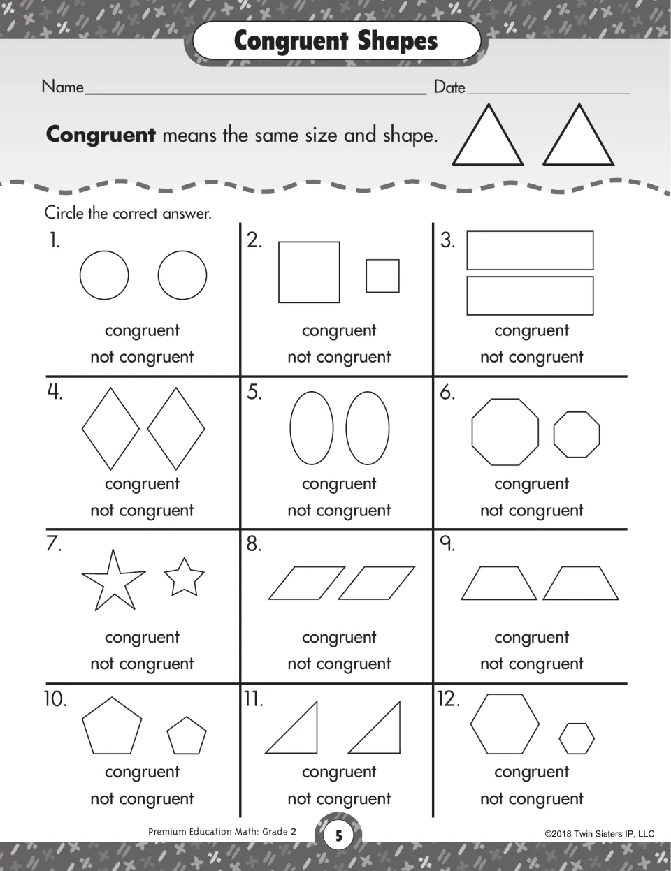 Congruent Shapes: students circle congruent or not congruent for 12 pairs, such as circles, stars, octagons and triangles