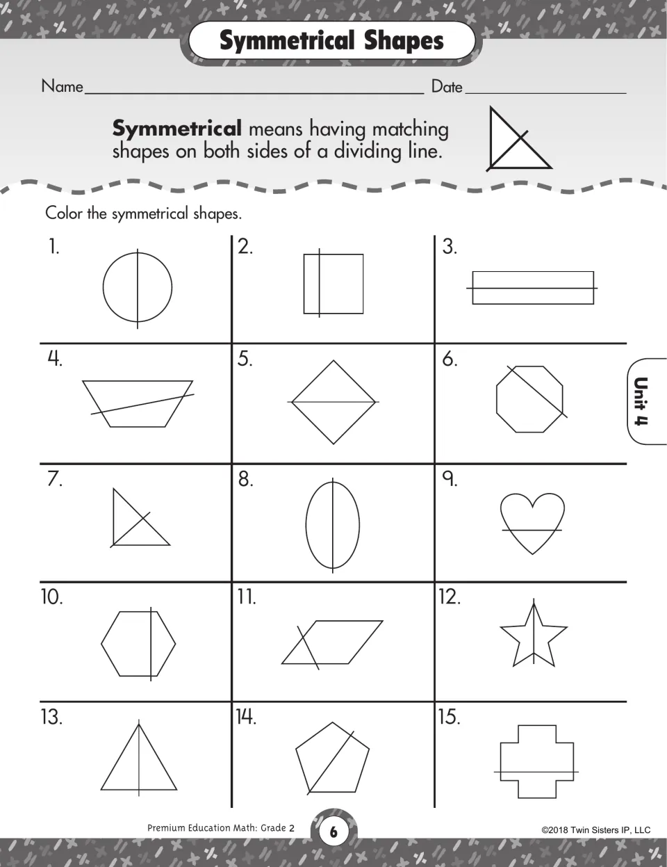 Symmetrical Shapes: students check whether a line splits each of 15 shapes into matching halves and color those that do
